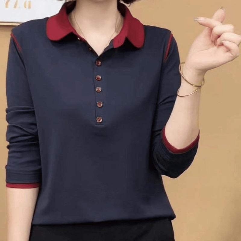 

Women s Spring Lapel Bottoming Shirt Slim Long-sleeved T-shirt Top 4XL темно-синього кольору