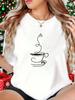 T-Shirt Featuring a Minimalist Artistic Coffee Cup And Steam Pattern Print, White Short Sleeve Round
