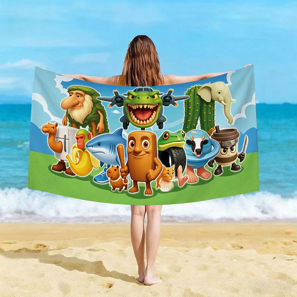1Pc Funny Cartoon Character Beach Towel Microfiber Soft Skin Friendly Quick Dry Unique Cute Design Essential Beach Accessories