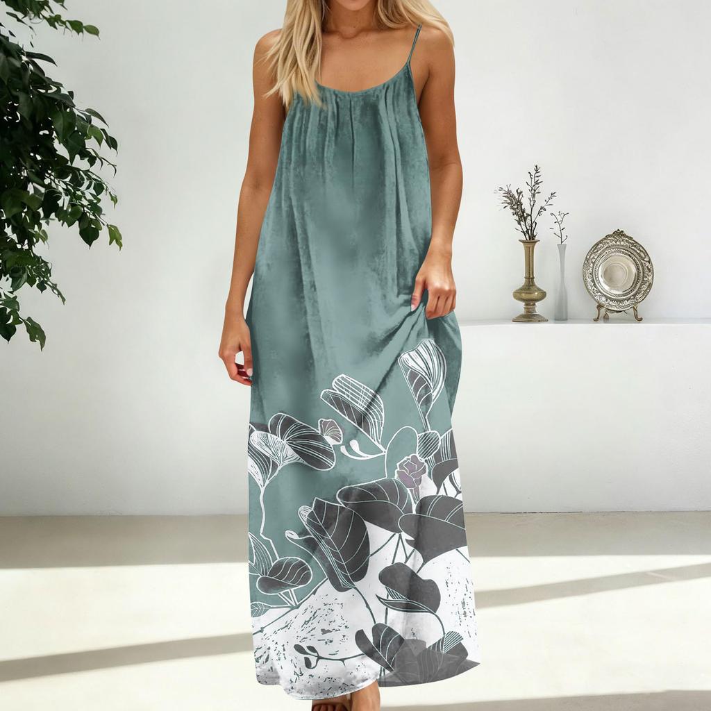 Women's Fashion Backless Spaghetti Strap Casual Loose Floral Print Dress