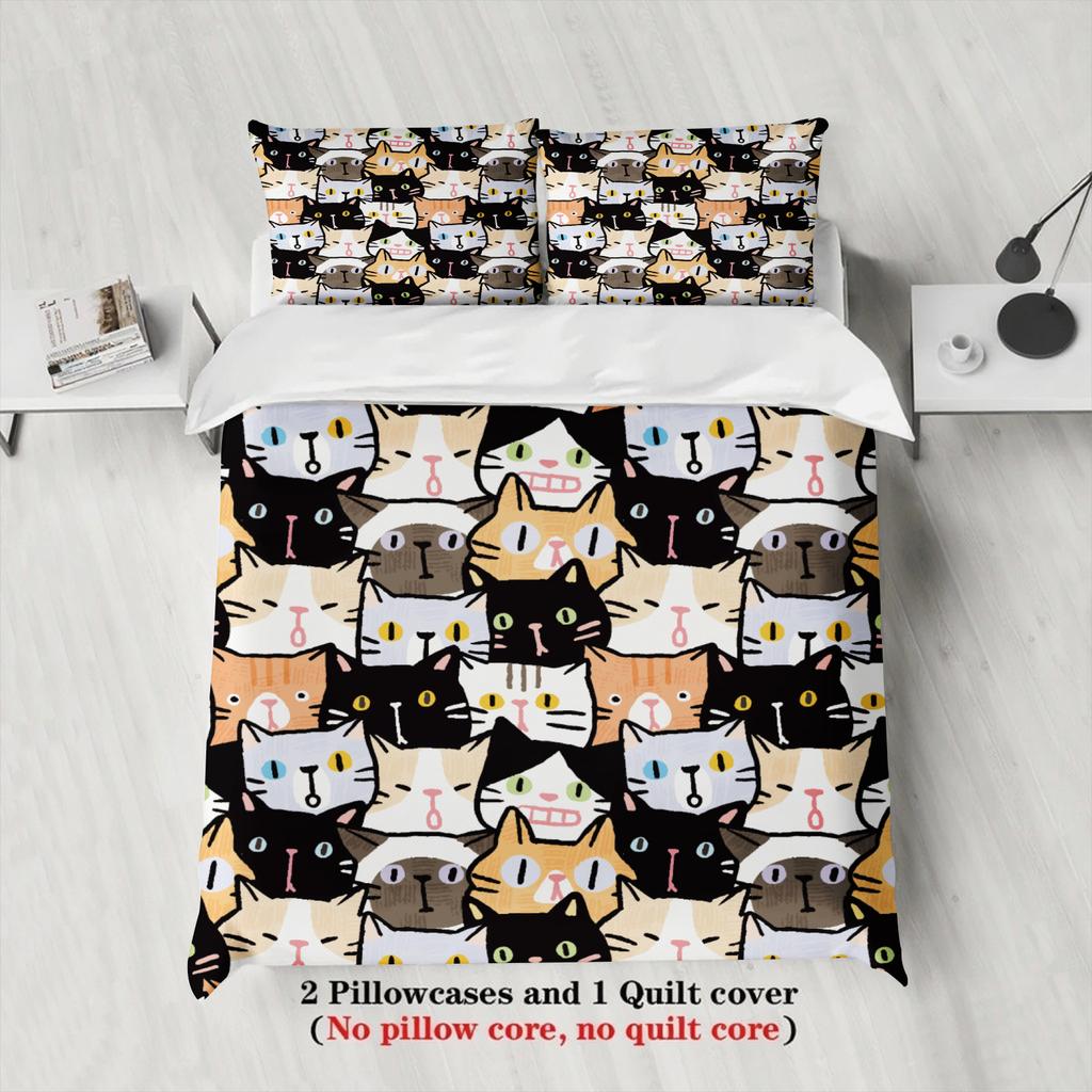 3Pcs Cat Face Bedding Sets 3D Printed Cute Cartoon Cat Dormitory Twin Size For Students Duvet Cover Sets With 2Pillowcases