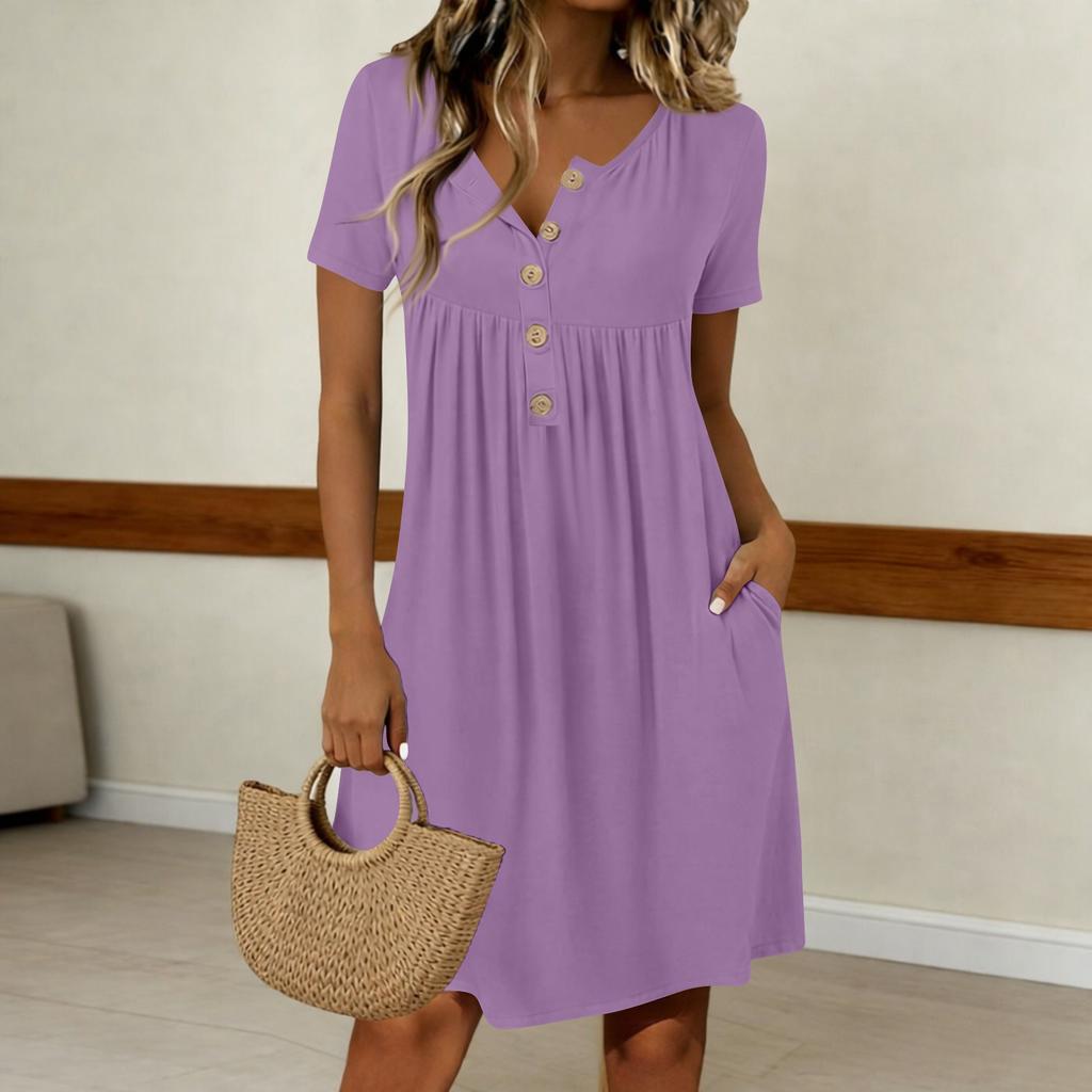 Women's Fashionable Color Round Neck Short Sleeved Button Neck Mid Length Casual Dress