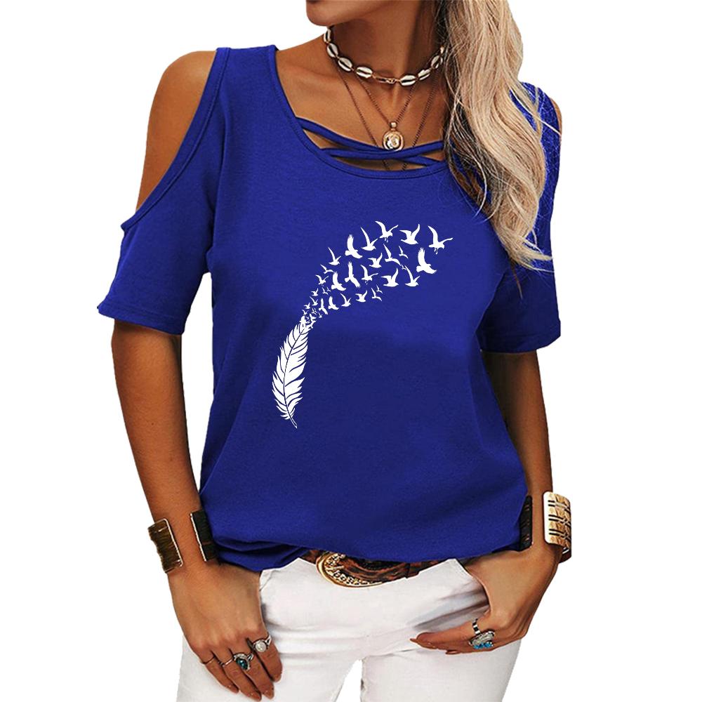 Women Fashion Round Neck Tee Shirt Summer Off Shoulder Top Casual Print Short Sleeve T-shirt
