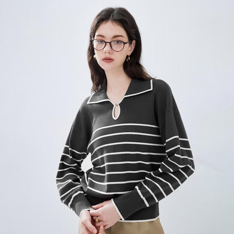 Qiushuiyiren Women's Striped Turn-Down Collar Knit Sweater