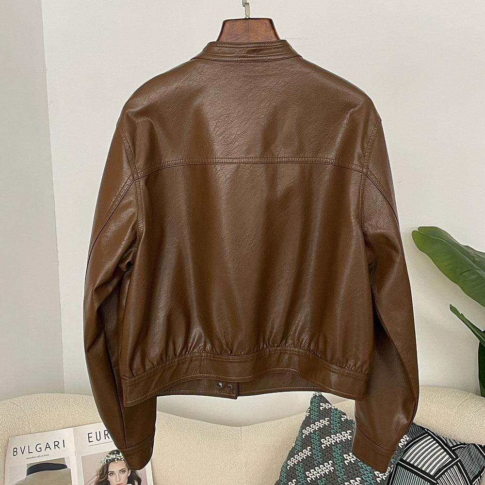 OFTBUY Women Vintage Loose Pu Faux Leather Short Jacket Pockets Motorcycle Jacket Female Zipper Retro Moto Biker Coat Outwear Tops
