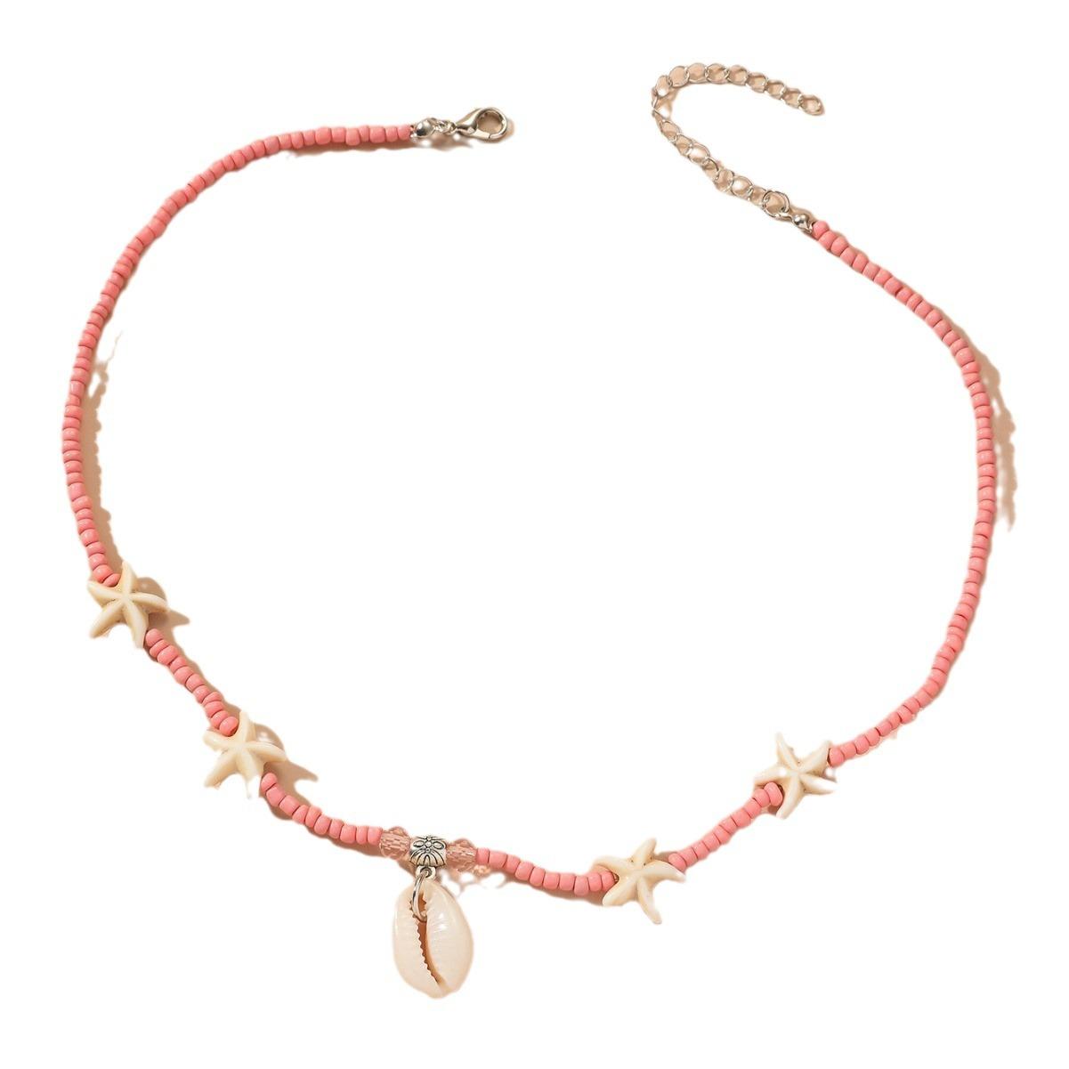 

Летнее ожерелье с подвеской в ​​виде ракушки, бирюзовое ожерелье с морской звездой и рисовыми бусинами, женское ожерелье в отпускном стиле из бисера 31-40cm розовый