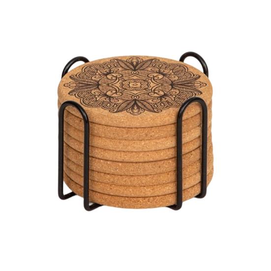 8Pcs Cork Coasters with Rack Round Retro Coasters Absorbent Heat-Resistant Table Mats Insulated Dining Placemats for Table Protection