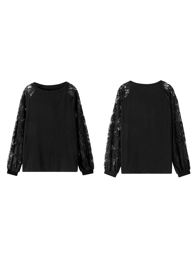 Women S Spring Autumn Casual Tops Long Sleeve O Neck Lace Floral Patchwork T-shirt