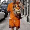 Summer Round Neck 3D Tiger Pattern Printed Set Fashionable and Casual Short Sleeved Shorts Men's Sport Wear