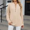 Women's Fashionable Solid Color V-neck Long Sleeved Button Casual Pullover Top