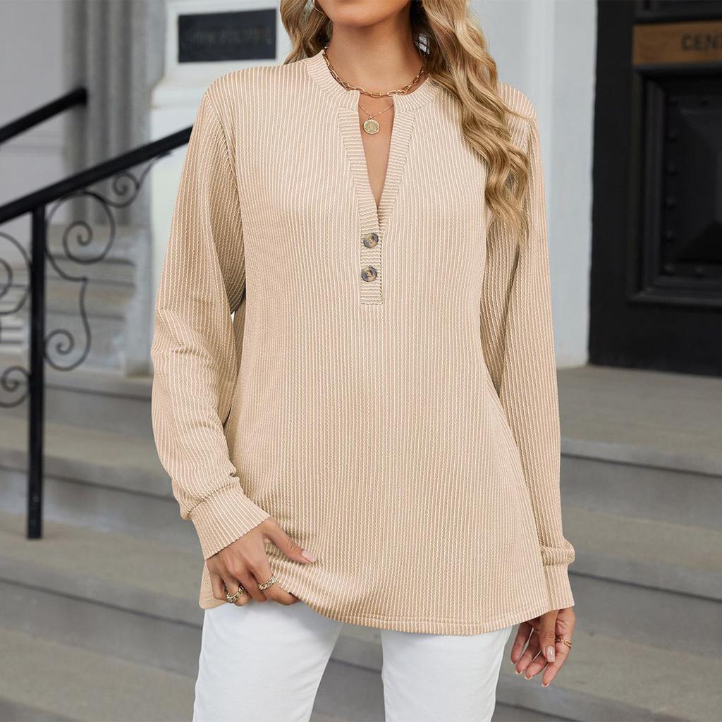 Women's Fashionable Solid Color V-neck Long Sleeved Button Casual Pullover Top