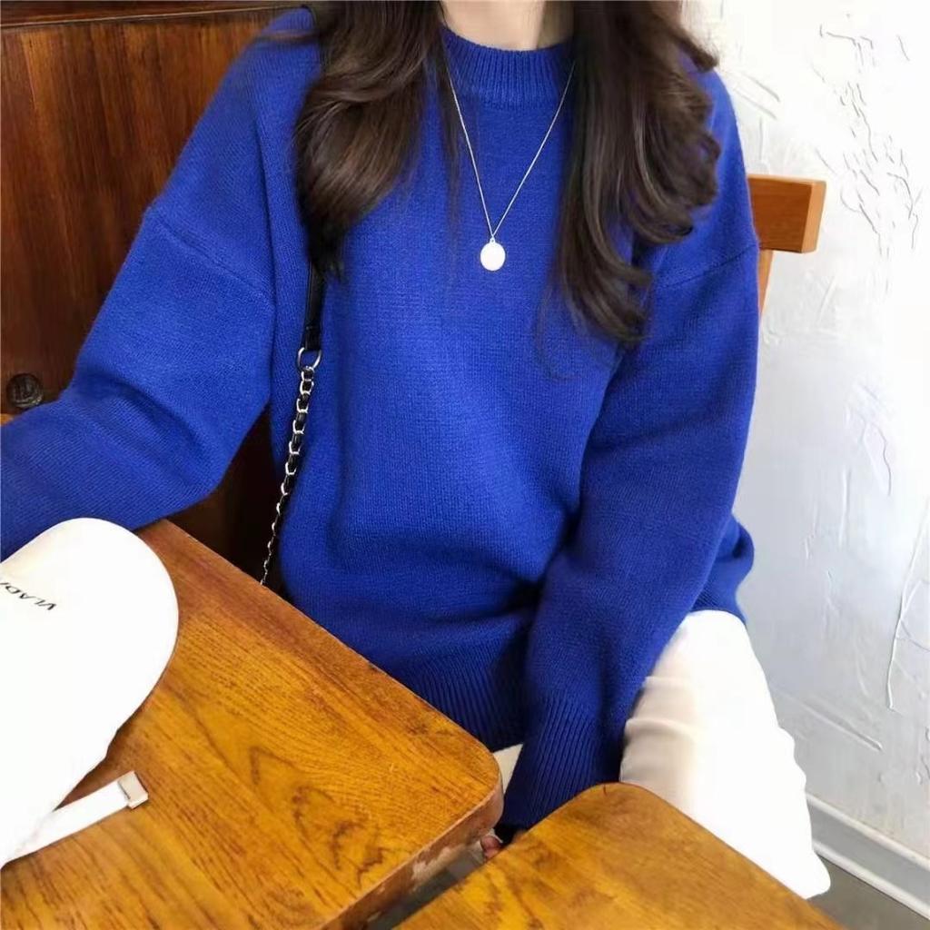 Autumn and Winter New Loose and Lazy Style Round Neck Pullover Sweater with Women's Solid Color Casual Simple Knitted Sweater Thick