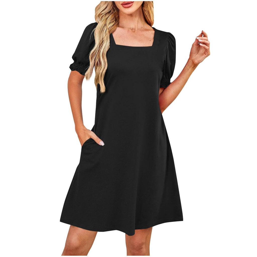 Damenmode Lässig Quadratischer Ausschnitt Farbe Kurzarm Kleid