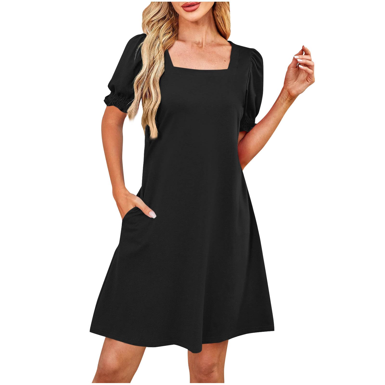 Women s Fashion Casual Square Neck Color Short Sleeve Dress L