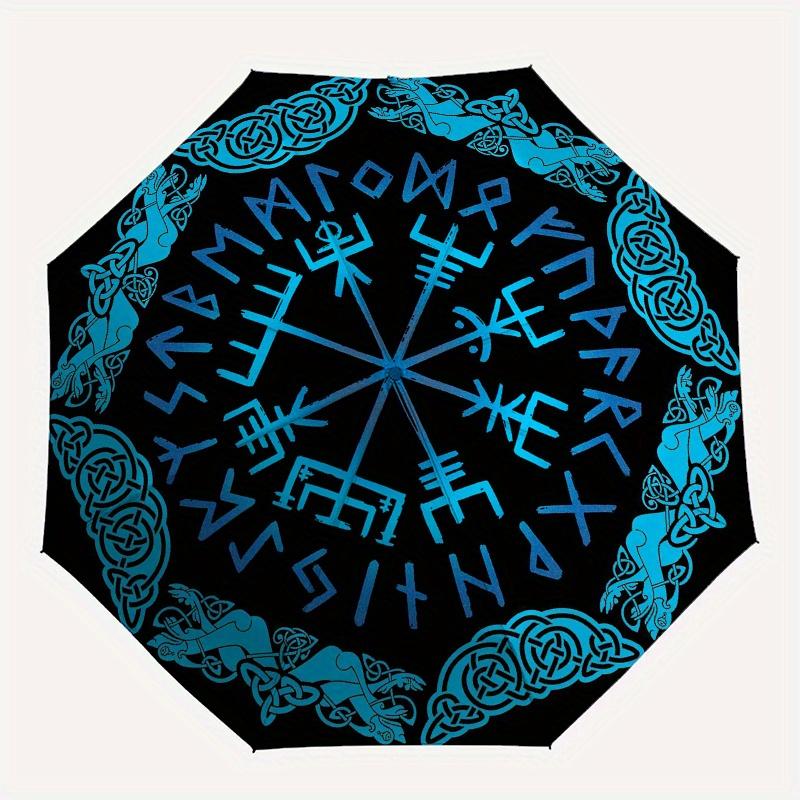 Viking Vegvisir Compass Norse Runes Nordic Symbol Decal Blue on BlackUmbrella, Portable 3-Fold Umbrella for Men & Women,Christmas Gift ES181