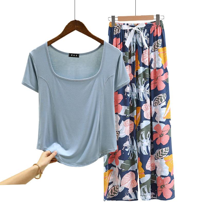 Fashion U Nek Tshirt and Floral Wide leg pants Summer fashion homewear 2pcs suit Loose Casual pajamas set comfort loungewear plus size