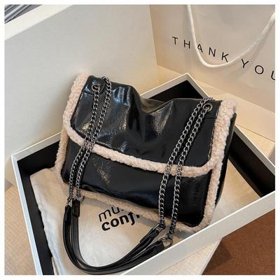 Women's Shoulder Bag Autumn Winter Fashion Lamb Wool PU Splicing Crossbody Bags Large Capacity Oil Wax Leather Chain Handbags