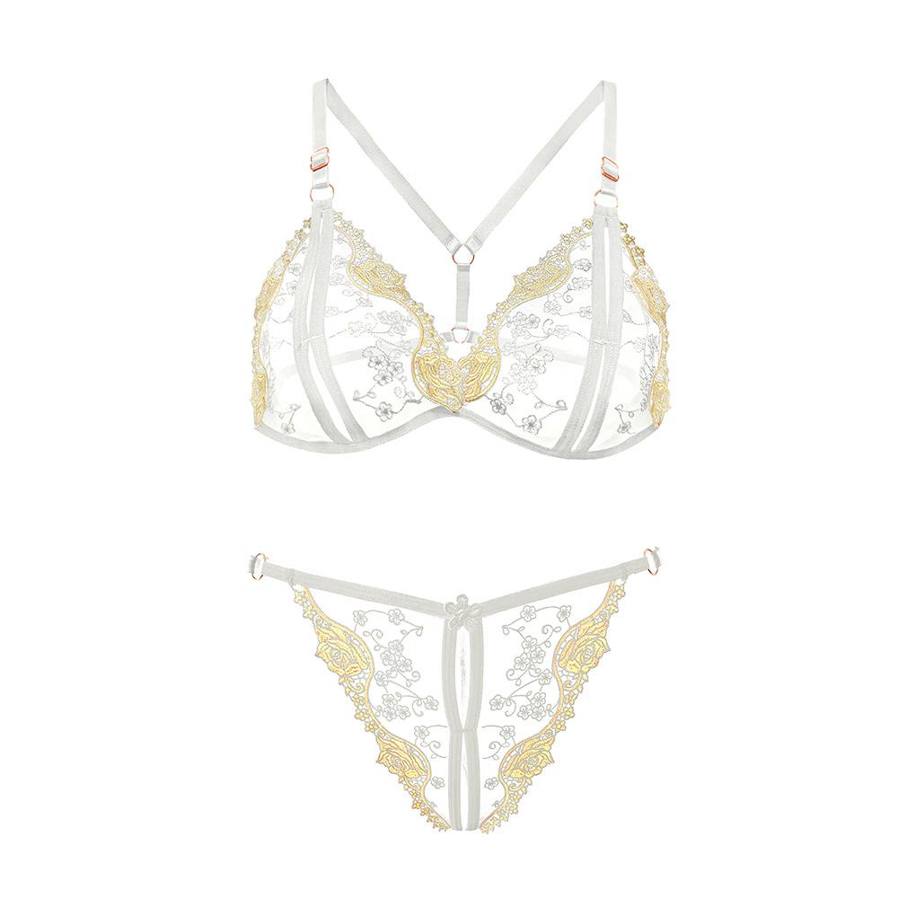 Women Floral Embroidory Underwear Set Sexy Lace Erotic Lingerie Female Bra And Brief Transparent Sensual Push Up Panty Patchwork