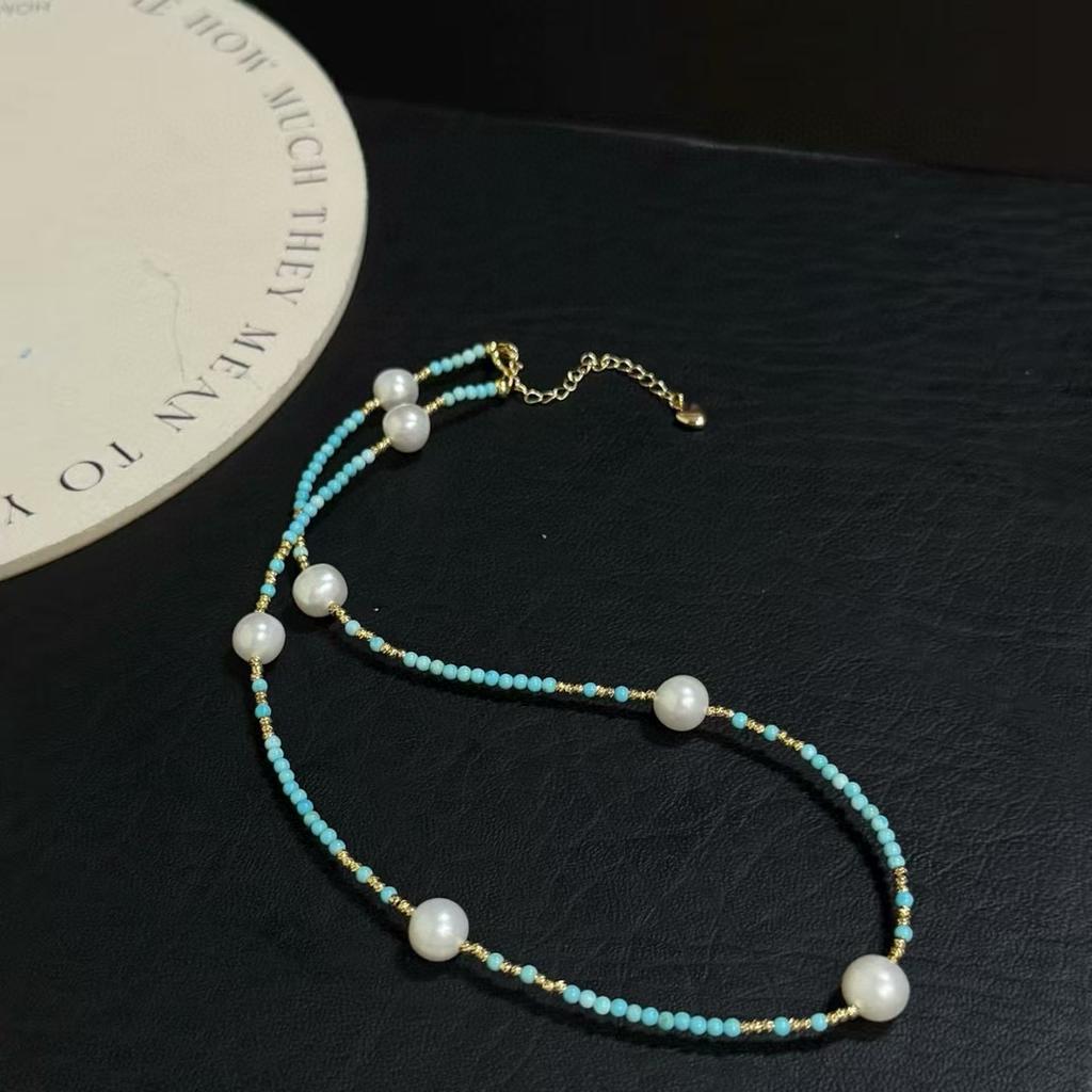 Natural Freshwater Pearl Turquoise Neck Chain Women's Fashion Light Luxury Simple Temperament Niche Design Advanced Sense Collarbone Chain
