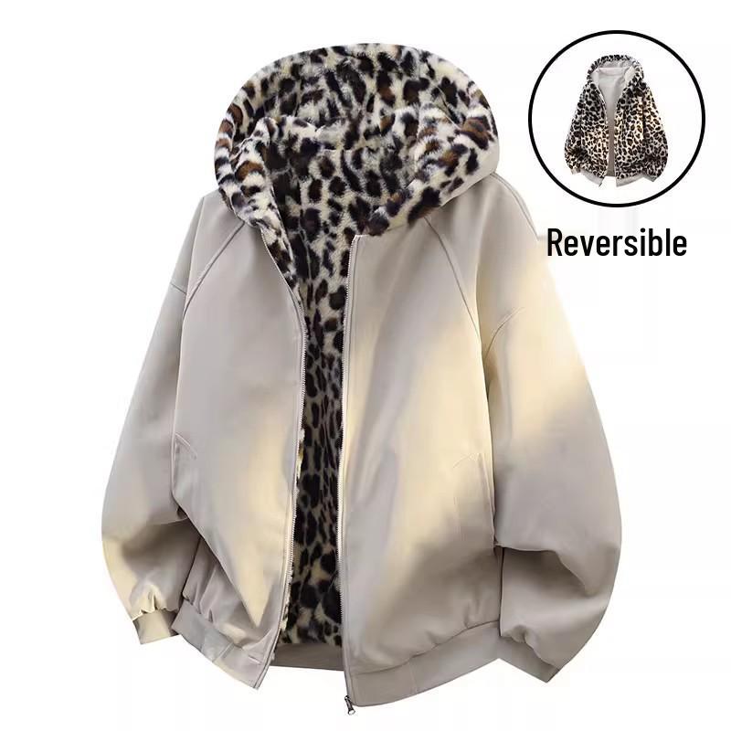 

Unisex Double-Sided Leopard Print Lining Eagle Cotton Jacket - Winter, Plus Velvet Thickness, Couple s Leather Coat. XXL бежевий