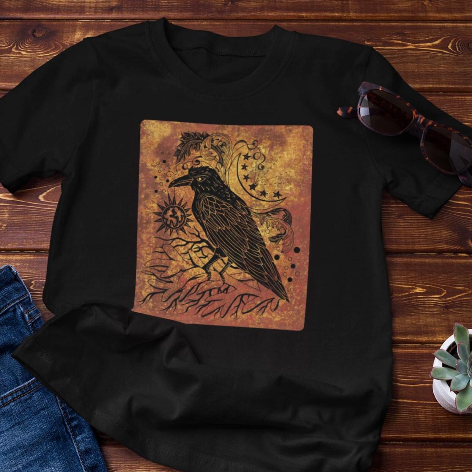 Gothic Raven Shirt | Vintage Botanical Crow Art S