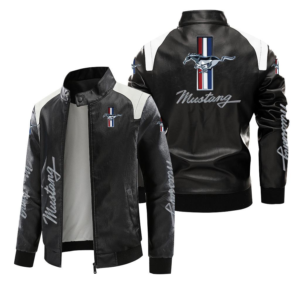 [European Fleece-Lined Jacket] Mustang Motorcycle Logo Leather Jacket Plus Size Printed Autumn/Winter Jacket PU High-End Men's Wallet