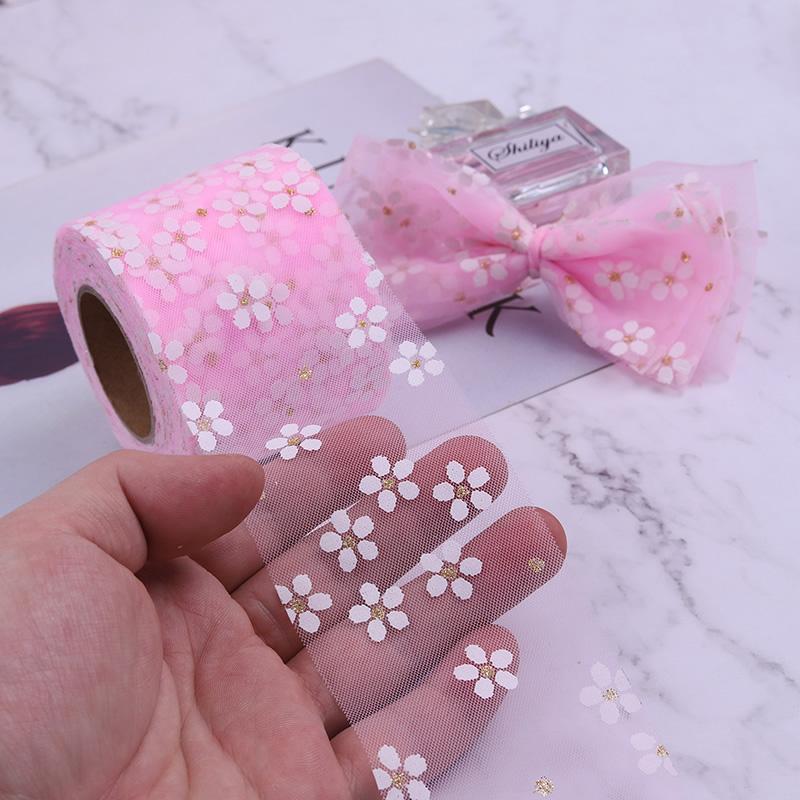 6cm 5Yards Floret Tulle Daisy Ribbon Roll DIY Craft Ribbons for Gift Bow Packaging Cherry Blossoms Printed Mesh Fabric Supplies
