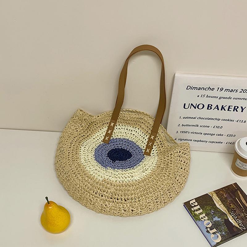 Straw Bag Women Hand-Woven Handbag Round Shape Rattan Bag Big Capacity Casual Beach Shoulder Crossbody Bag