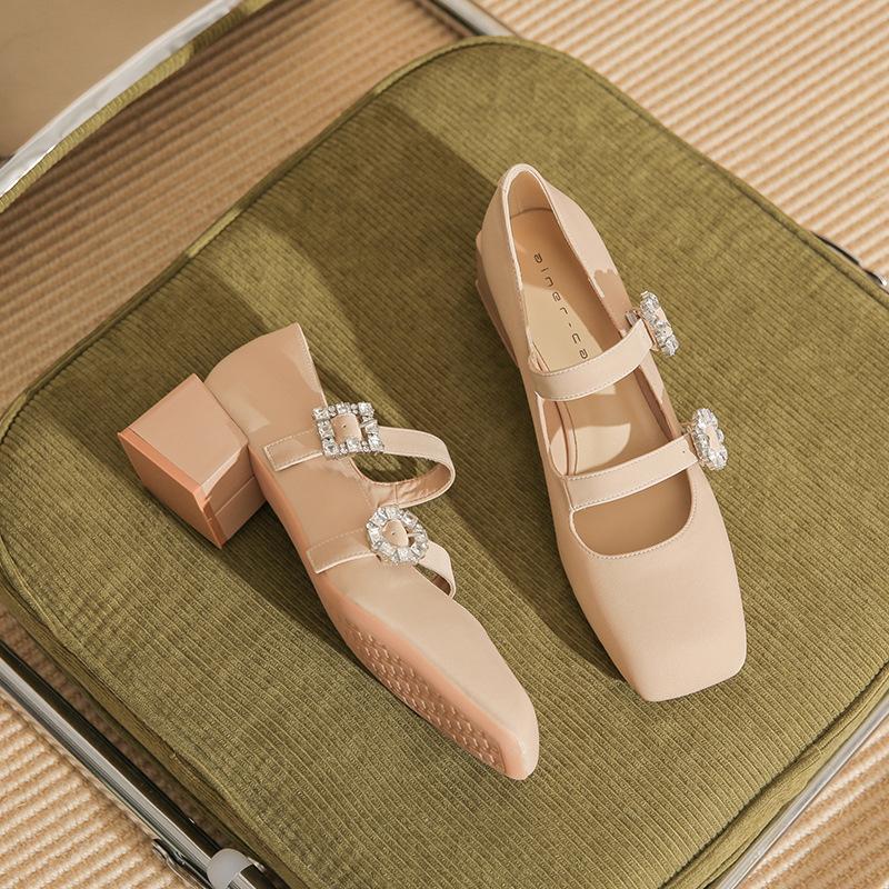 

53301 [Discontinued] High heels women s thick heel 2025 new square head rhinestone Mary Jane shoes shallow mouth single shoes 39