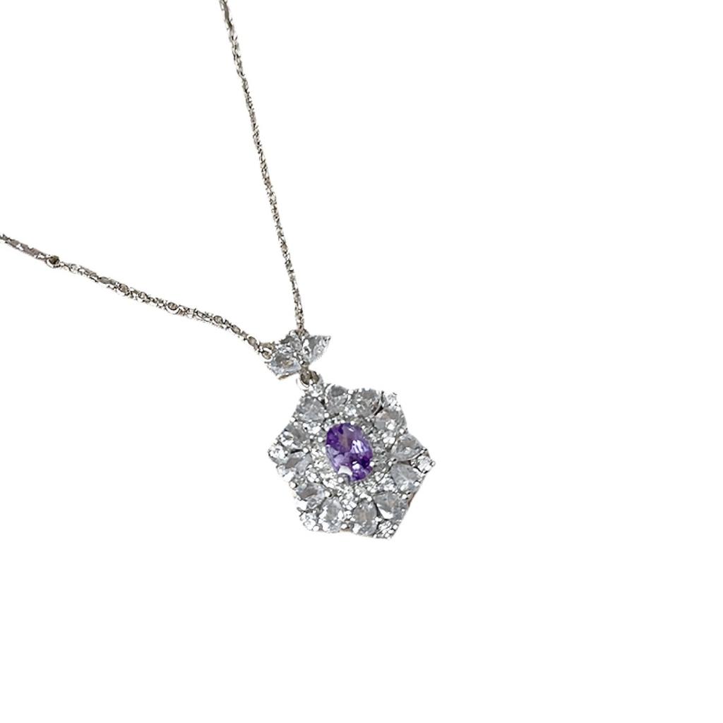 Purple Zircon Flower Pendant Necklace Light Luxury Silver Diamond Design Women'S Retro Elegant Fashion Accessories Jewelry