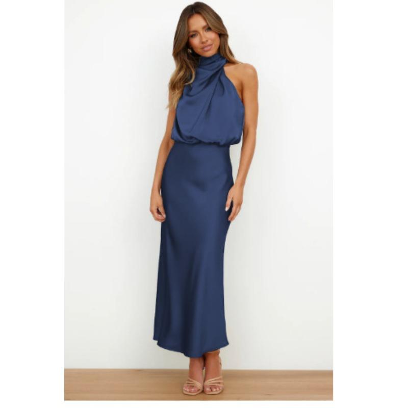 Europe, America, Spring and Summer New Solid Color High-end Satin Sleeveless Dress Fashionable and Elegant Temperament Light Evening Dress