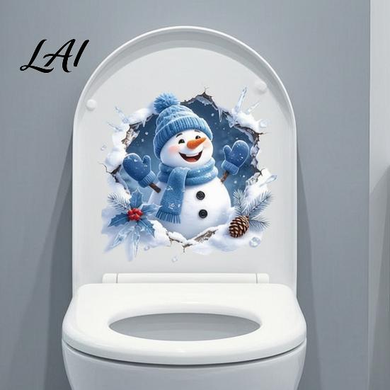 Snowman Decorative Stickers Christmas Toilet Stickers 3D Bathroom Wall Decals Creative Party Decor Waterproof PVC Window Seat Holiday Decals