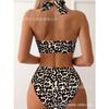 Leopard Print Pink Lily Halter Bikini Set Up High Waist Swimsuit for Women
