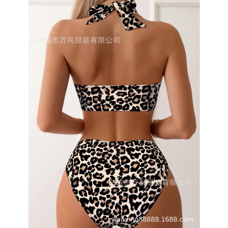 Leopard Print Pink Lily Halter Bikini Set Up High Waist Swimsuit for Women