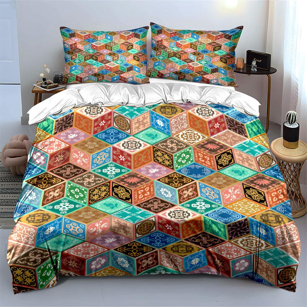 Colorful geometric pattern cubes arrangement Bedding Set for Kids Luxury Gift 3pcs Digital Print Comforter Set Soft Comfortable