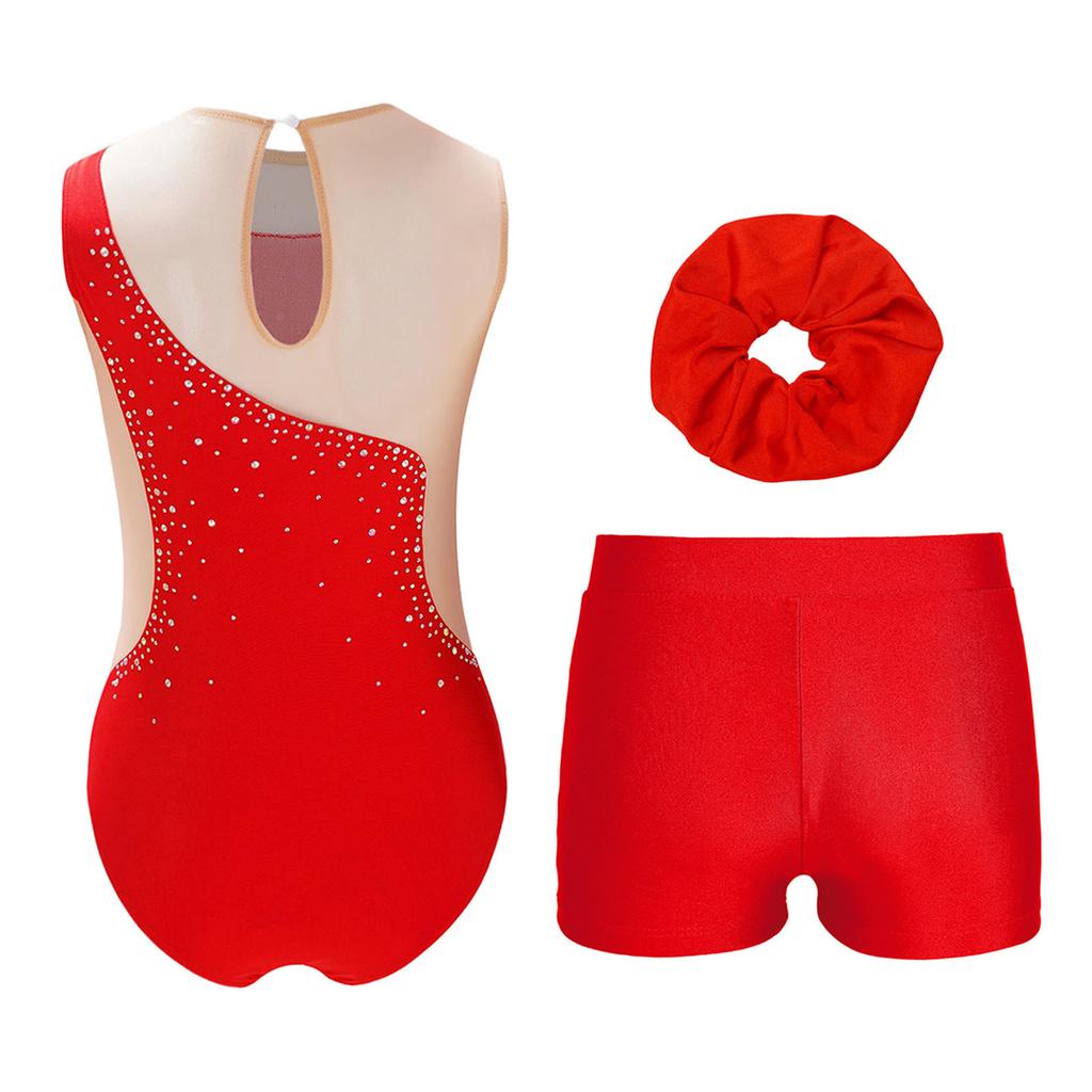 Kids Sparkly Rhinestone Embellished Sheer Mesh Leotard Paired with V Front Shorts and Headpiece for Dance