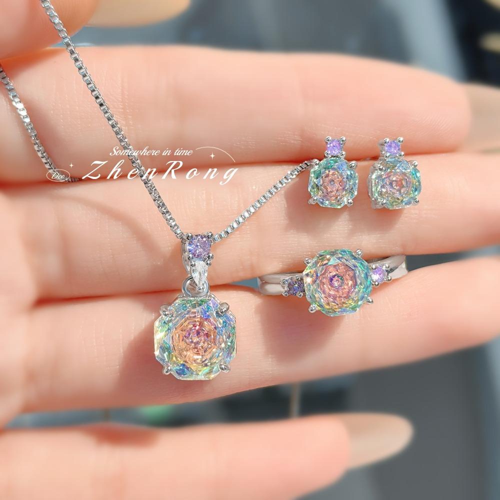 

Women Jewelry Set Octagon Rose Cut Necklace Pendant with High Carbon Diamond Red Earrings Pink Ring