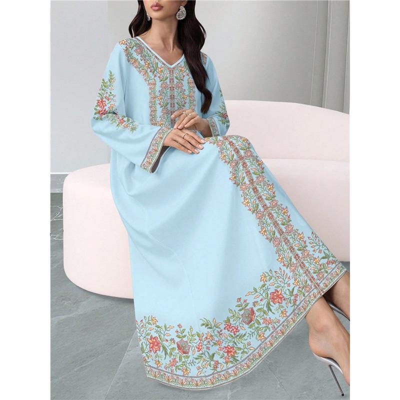 Women Floral Print Maxi Dress V‑Neck Long Sleeve Loose Casual Abaya Muslim Long Party Dress