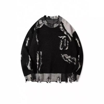 Oversized Streetwear Knit Sweater With 3D Print Distressed Hole Detail Loose Fit Unisex Pullover In Black