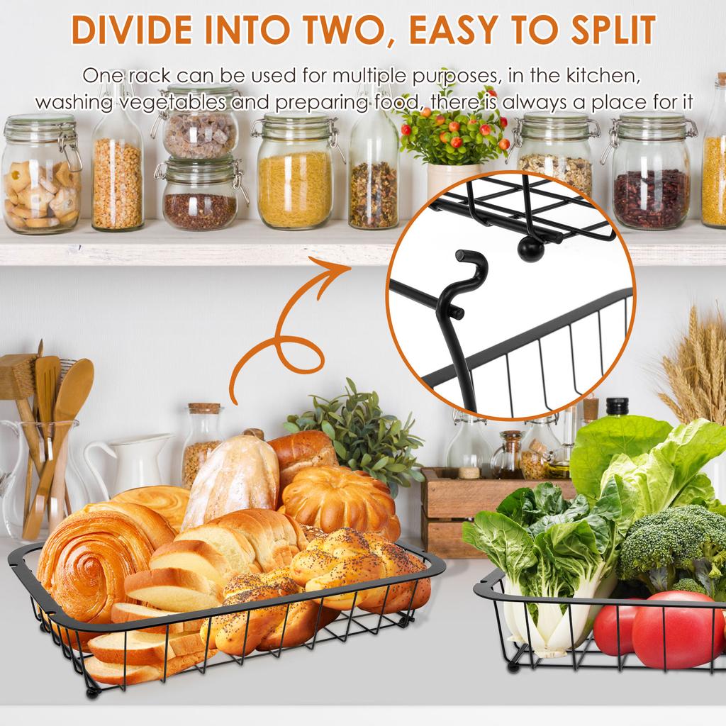 2-Tier Fruit Basket Detachable Metal Countertop Fruit Vegetable Basket with Wooden Handles for Bread Snack Veggies Storage NEW