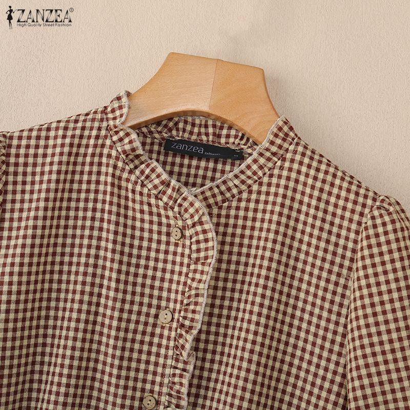 ZANZEA Women Casual Round Neck Grid Print Summer Short Sleeve Blouse