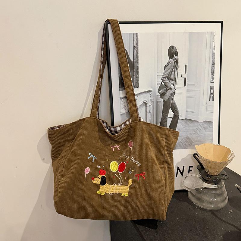 Casual Cute Embroidered Puppy Shoulder Bag Large Capacity Tote Bag Autumn and Winter New Corduroy Plaid Dual-purpose Bag Women