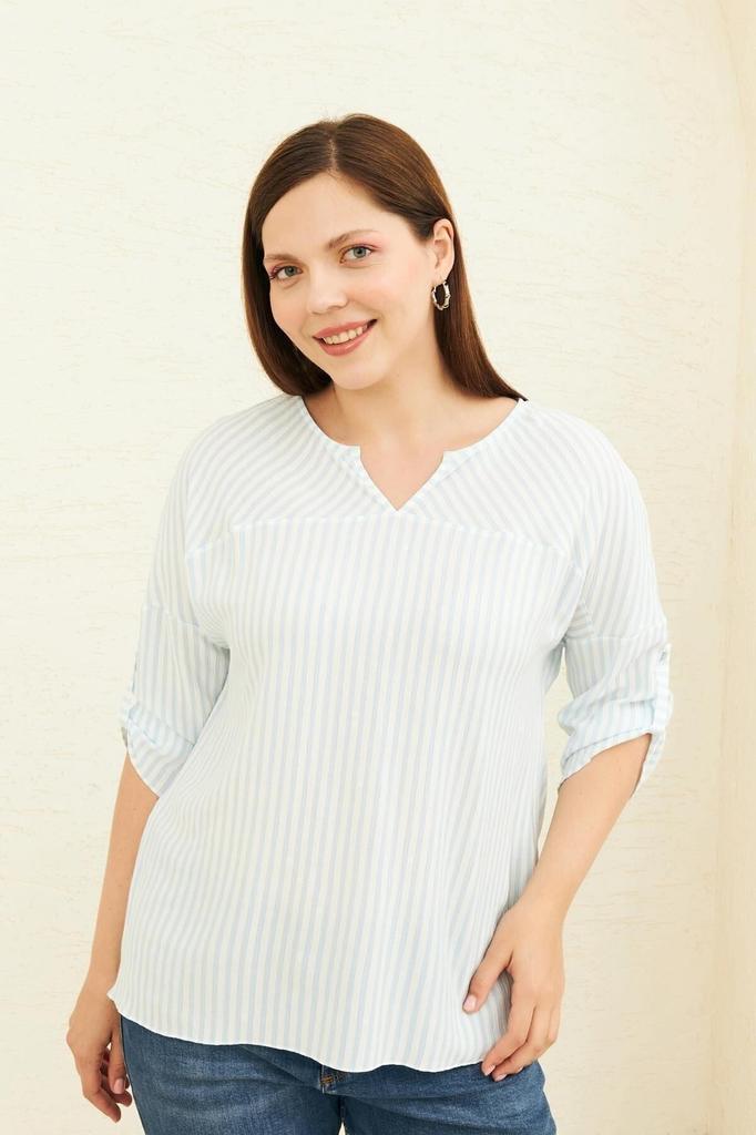 Women's Big Size Blouse Yellow Striped Woven Blouse