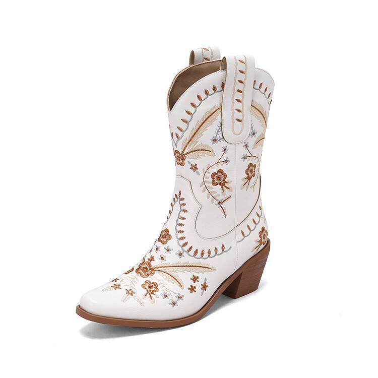 Women's Boots New Thick Heel Embroidery Embroidered Western Boots Cowboy Boots Autumn and Winter European and American Simple Retro Fashion Boots