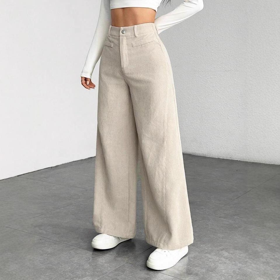 Women High Waist Corduroy Wide Leg Pants Solid Color Loose Fit Casual Long Trousers For Autumn