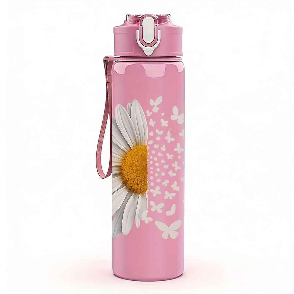 1PC White Daisy Butterfly Print 750ml Color Plastic Sports Water Bottle Leakproof Flip Straw Lid Suitable for Sports Office Home Use