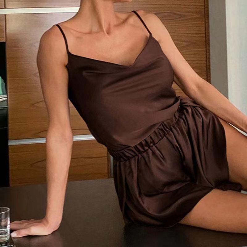 

Fashion Sexy Sling Vest Shorts Suit Homewear Sexy Suspender Vest Shorts Set Brown M