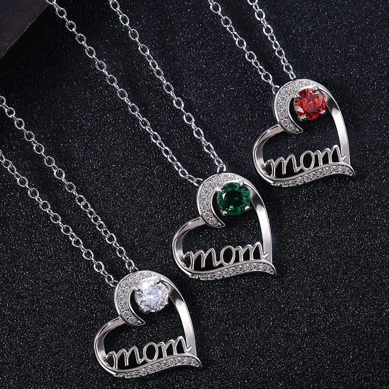 Silver Hollow Heart MOM Letter Pendant Necklace Round Big CZ Crystal Mom Gift Necklace for Mother's Day Women Jewelry