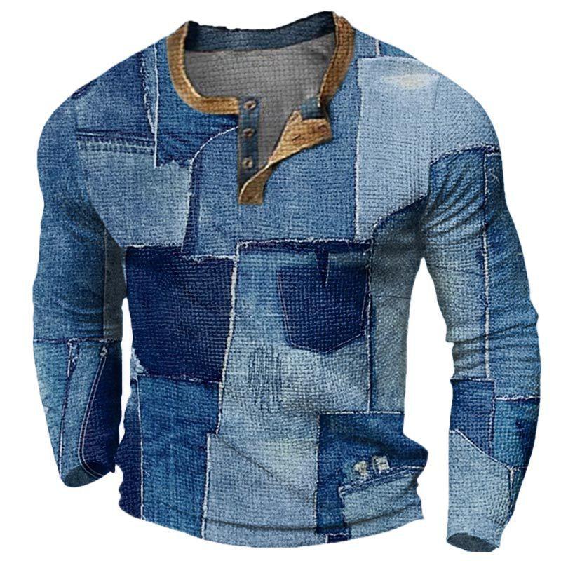 Vintage Herren Sweatshirts Patchwork 3D-Druck Langarm Henley-Kragen Tops Übergröße Herrenbekleidung Pullover