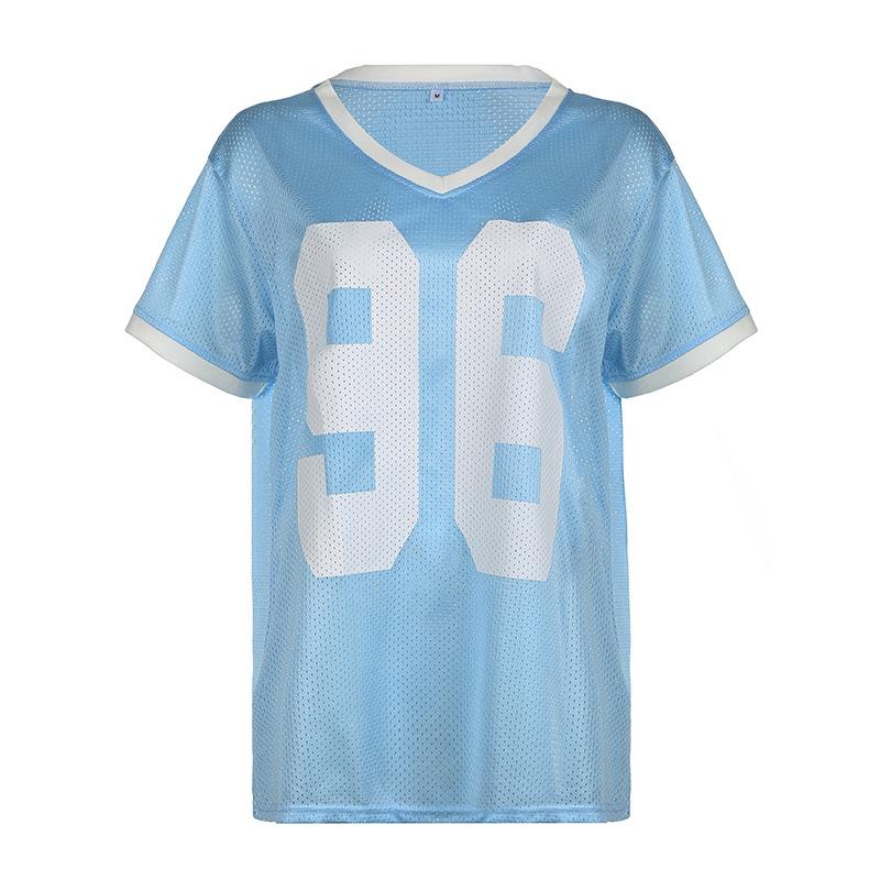 

Топ с контрастным принтом, с открытыми плечами, свободного кроя, в стиле кэжуал, уличный стиль, V-образный вырез, универсальный, спортивный, быстросохнущий, с короткими рукавами L синий